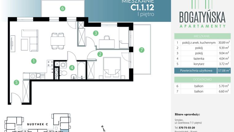 Rzut - Mieszkanie na sprzedaż 3 pokoje o powierzchni 57,08 m² - numer C1.1.12 w Bogatyńska Apartamenty etap 3