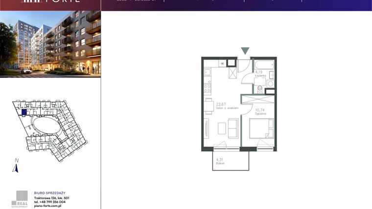 Rzut - Mieszkanie na sprzedaż 1 pokój o powierzchni 37,6 m² - numer A.1.05 w Piano