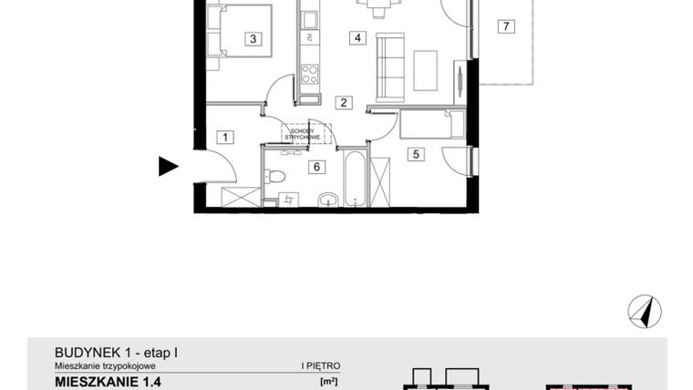 Rzut - Mieszkanie na sprzedaż 3 pokoje o powierzchni 54,27 m² - numer 1.4 w Jasieny