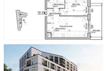 Rzut - Mieszkanie na sprzedaż 2 pokoje o powierzchni 34,71 m² - numer 50 w Aleja