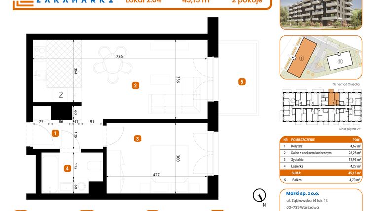 Rzut - Mieszkanie na sprzedaż 2 pokoje o powierzchni 45,15 m² - numer B1/2/04 w Zakamarki