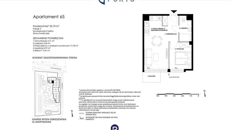 Rzut - Mieszkanie na sprzedaż 2 pokoje o powierzchni 35,73 m² - numer M65 w Baltic Porto