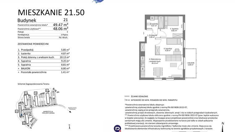 Rzut - Mieszkanie na sprzedaż 3 pokoje o powierzchni 48,06 m² - numer 21.50 w Osiedle Pastelowe etap IV