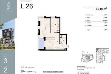 Rzut - Mieszkanie na sprzedaż 2 pokoje o powierzchni 47,81 m² - numer L26 w Sky Trust etap II - apartamenty inwestycyjne 23% VAT PRS