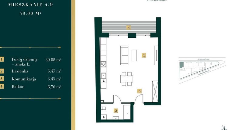 Rzut - Mieszkanie na sprzedaż 1 pokój o powierzchni 47,3 m² - numer 4.9 w New Iron