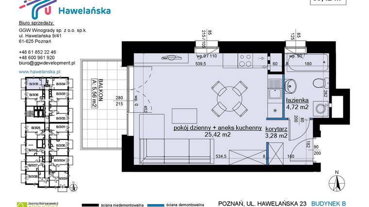 Rzut - Mieszkanie na sprzedaż 1 pokój o powierzchni 33,42 m² - numer B/3/35 w Osiedle Hawelańska etap III - bud. B