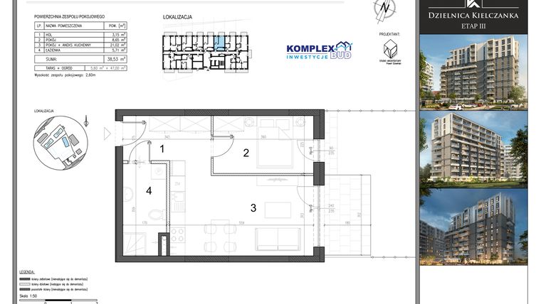 Rzut - Mieszkanie na sprzedaż 2 pokoje o powierzchni 38,53 m² - numer ZP7 w Dzielnica Kielczanka etap III