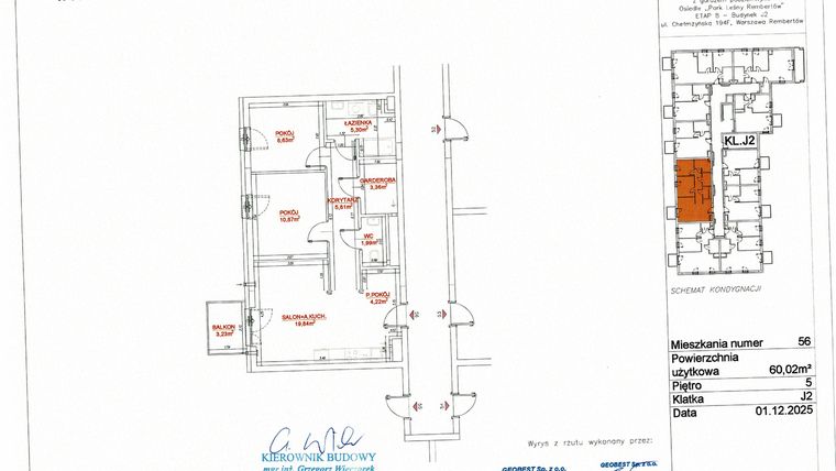 Rzut - Mieszkanie na sprzedaż 3 pokoje o powierzchni 59,99 m² - numer J2-56 w Park Leśny Rembertów etap VIII