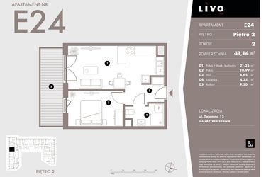 Rzut - Mieszkanie na sprzedaż 2 pokoje o powierzchni 41,14 m² - numer E24 w Livo