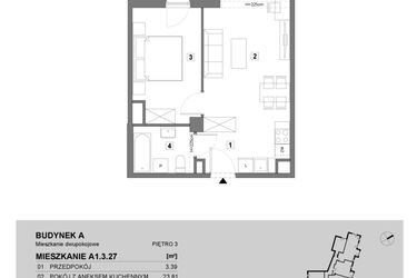Rzut - Mieszkanie na sprzedaż 2 pokoje o powierzchni 43,98 m² - numer A1.3.27 w ATAL Grabiszyn