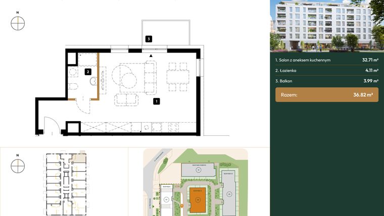 Rzut - Mieszkanie na sprzedaż 1 pokój o powierzchni 36,82 m² - numer B2.6.11 w Wierzbowa 20