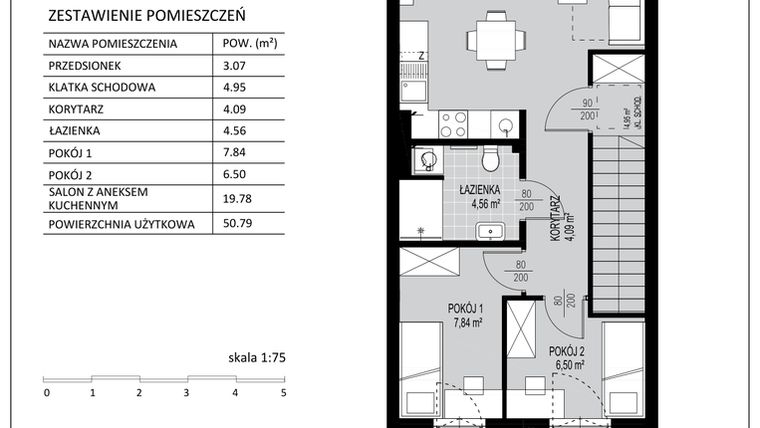 Rzut - Mieszkanie na sprzedaż 3 pokoje o powierzchni 50,79 m² - numer C6 w Kowalove etap 2