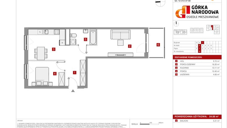 Rzut - Mieszkanie na sprzedaż 2 pokoje o powierzchni 54,08 m² - numer GN_4_1_I_32 w Osiedle Górka Narodowa