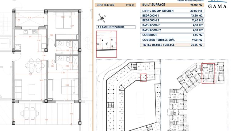 Rzut - Mieszkanie na sprzedaż 2 pokoje o powierzchni 95 m² - numer 31 w Velapi II - Murcia