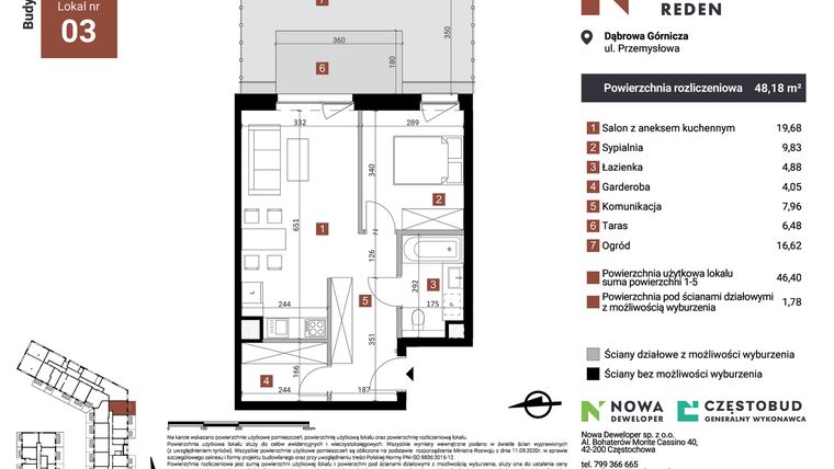 Rzut - Mieszkanie na sprzedaż 2 pokoje o powierzchni 48,19 m² - numer A3 w Nowy Reden