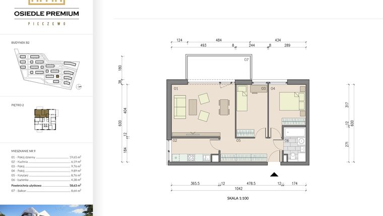 Rzut - Mieszkanie na sprzedaż 3 pokoje o powierzchni 58,63 m² - numer B2.9 w Osiedle Premium etap IV