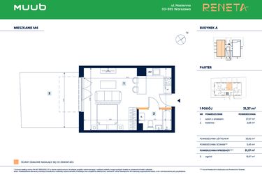 Rzut - Mieszkanie na sprzedaż 1 pokój o powierzchni 31,37 m² - numer M04 w Reneta