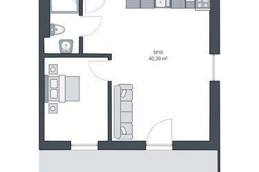 Rzut - Mieszkanie na sprzedaż 2 pokoje o powierzchni 40,39 m² - numer M16 w TARASY GĄSKI