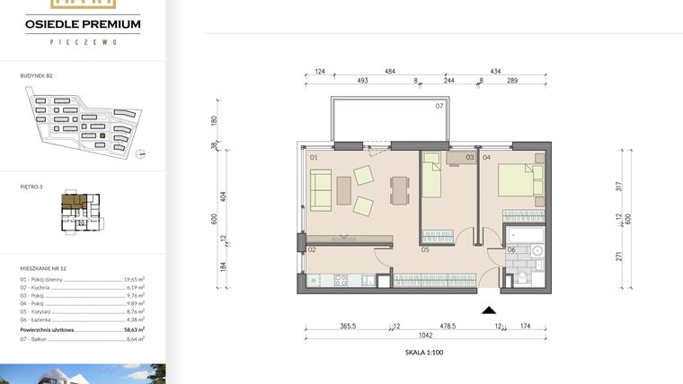 Rzut - Mieszkanie na sprzedaż 3 pokoje o powierzchni 58,63 m² - numer B2.12 w Osiedle Premium etap IV