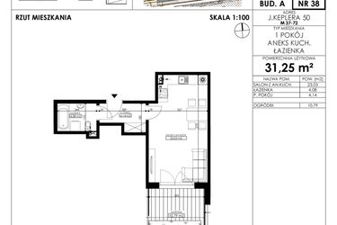 Rzut - Mieszkanie na sprzedaż 1 pokój o powierzchni 31,25 m² - numer JAR-A-LM-M38 w Osiedle JAR Heweliusza