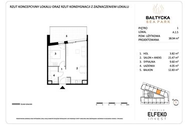 Rzut - Mieszkanie na sprzedaż 2 pokoje o powierzchni 38,94 m² - numer A.1.5 w Bałtycka Sea Park