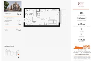 Rzut - Mieszkanie na sprzedaż 1 pokój o powierzchni 25,24 m² - numer 134 w Mikusińskiego 25