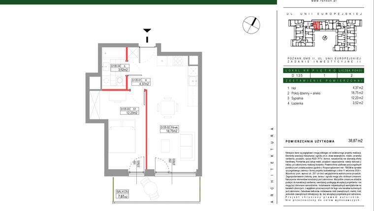 Rzut - Mieszkanie na sprzedaż 2 pokoje o powierzchni 38,87 m² - numer D135 w Grunwald Między Drzewami etap III