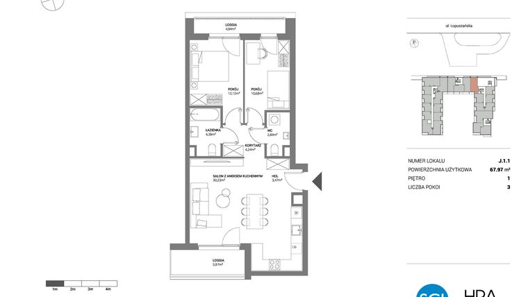 Rzut - Mieszkanie na sprzedaż 3 pokoje o powierzchni 67,97 m² - numer J.1.1 w Łopuszańska 47 - etap 3