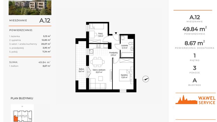 Rzut - Mieszkanie na sprzedaż 3 pokoje o powierzchni 49,84 m² - numer A.12 w Nowa Namiarkowa