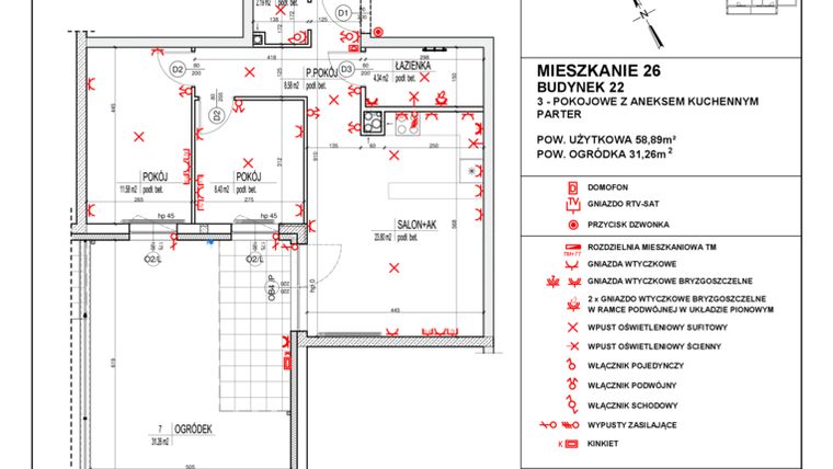 Rzut - Mieszkanie na sprzedaż 3 pokoje o powierzchni 58,89 m² - numer 22_26 w Osiedle 4 Pory Roku - Etap VIII