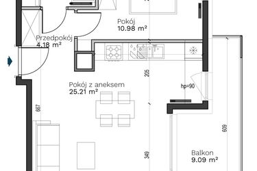 Rzut - Mieszkanie na sprzedaż 2 pokoje o powierzchni 44,54 m² - numer A-13 w Destino