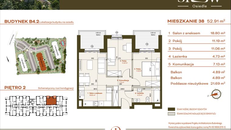 Rzut - Mieszkanie na sprzedaż 3 pokoje o powierzchni 52,91 m² - numer B4.2.38 w Osiedle SLOW