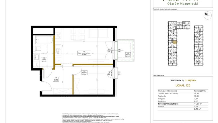 Rzut - Mieszkanie na sprzedaż 2 pokoje o powierzchni 44,61 m² - numer 125 w Aura Nova etap II