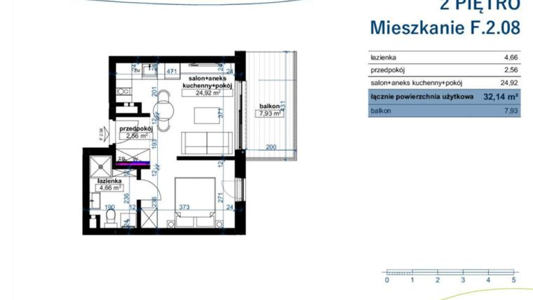Rzut - Mieszkanie na sprzedaż 1 pokój o powierzchni 32,14 m² - numer F.2.08 w Wzgórze Poetów 2
