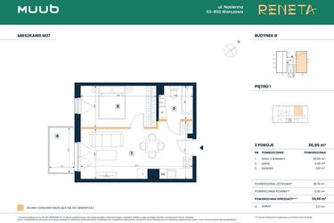 Rzut - Mieszkanie na sprzedaż 2 pokoje o powierzchni 36,66 m² - numer M27 w Reneta