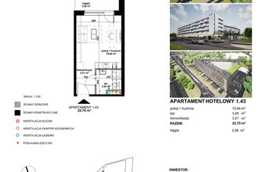 Rzut - Mieszkanie na sprzedaż 1 pokój o powierzchni 22,69 m² - numer 1.43 w Apartamentowiec Zwycięska 3 - inwestycyjne