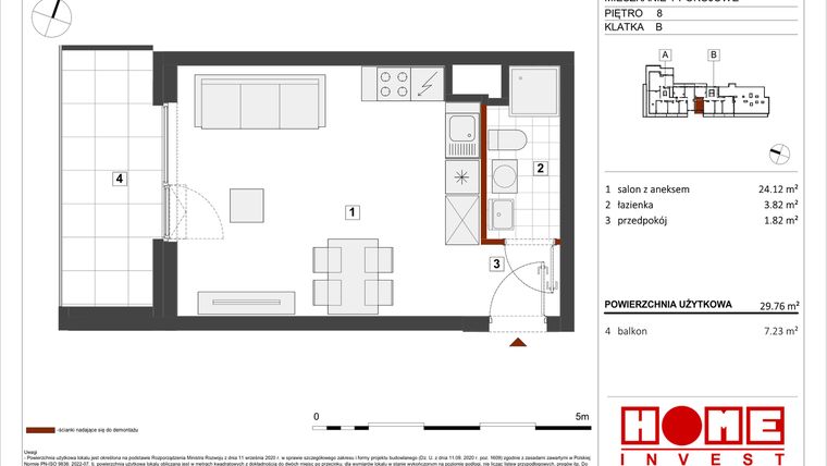 Rzut - Mieszkanie na sprzedaż 1 pokój o powierzchni 29,76 m² - numer B1-B135 w Warszawski Świt etap VIII