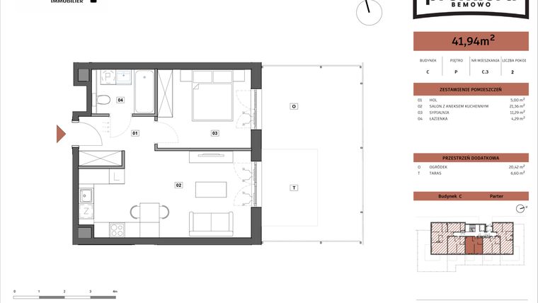 Rzut - Mieszkanie na sprzedaż 2 pokoje o powierzchni 41,94 m² - numer C.03 w Premiera Bemowo