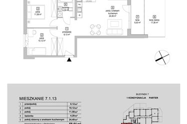 Rzut - Mieszkanie na sprzedaż 3 pokoje o powierzchni 58,61 m² - numer 7.1.13 w Osiedle Przyjemne IV