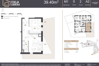 Rzut - Mieszkanie na sprzedaż 2 pokoje o powierzchni 39,4 m² - numer A2_M1 w Stacja Ligocka