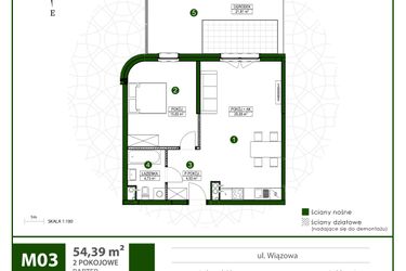 Rzut - Mieszkanie na sprzedaż 2 pokoje o powierzchni 54,39 m² - numer 3 w Moja Wiązowa