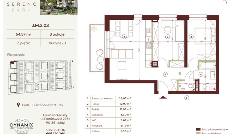Rzut - Mieszkanie na sprzedaż 3 pokoje o powierzchni 64,57 m² - numer J.M.2.03 w Sereno Park