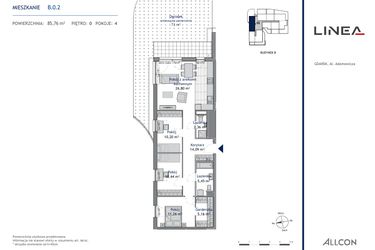 Rzut - Mieszkanie na sprzedaż 4 pokoje o powierzchni 85,76 m² - numer B.0.2 w Linea