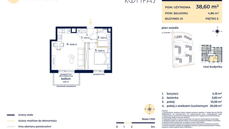 Rzut - Mieszkanie na sprzedaż 2 pokoje o powierzchni 38,6 m² - numer A124 w Osiedle Kompas