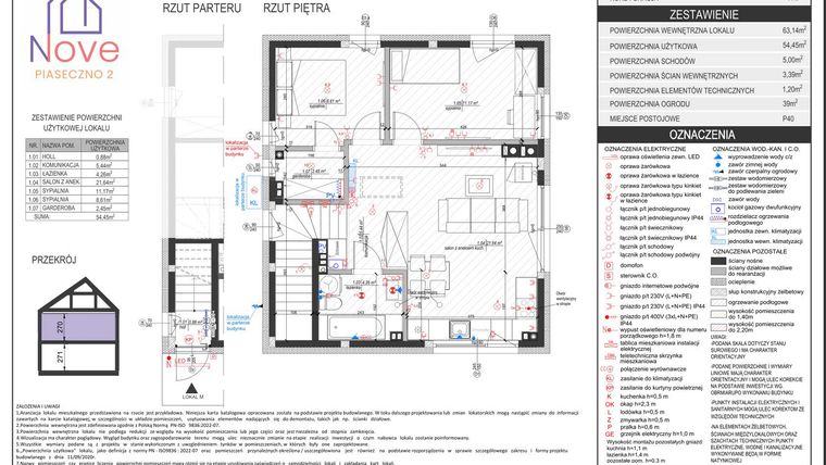 Rzut - Mieszkanie na sprzedaż 3 pokoje o powierzchni 54,45 m² - numer H2.2 w Nove Piaseczno 2 etap H