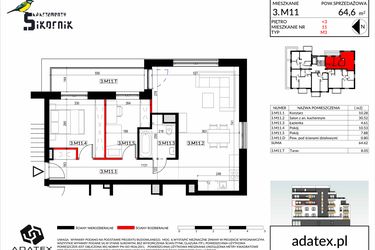 Rzut - Mieszkanie na sprzedaż 3 pokoje o powierzchni 64,62 m² - numer 2.M11 w Apartamenty Sikornik - etap II