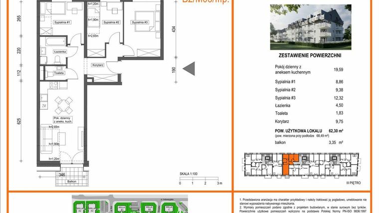 Rzut - Mieszkanie na sprzedaż 3 pokoje o powierzchni 62,3 m² - numer B2/M03/3P w Zielony Brochów 7