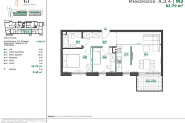 Rzut - Mieszkanie na sprzedaż 3 pokoje o powierzchni 55,43 m² - numer A.3.4 w Apartamenty Pszczyńska