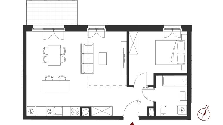 Rzut - Mieszkanie na sprzedaż 2 pokoje o powierzchni 53,54 m² - numer B.1.13 w Apartamenty Symfonia
