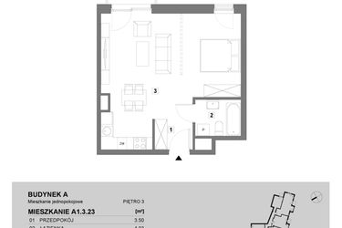 Rzut - Mieszkanie na sprzedaż 1 pokój o powierzchni 43,39 m² - numer A1.3.23 w ATAL Grabiszyn